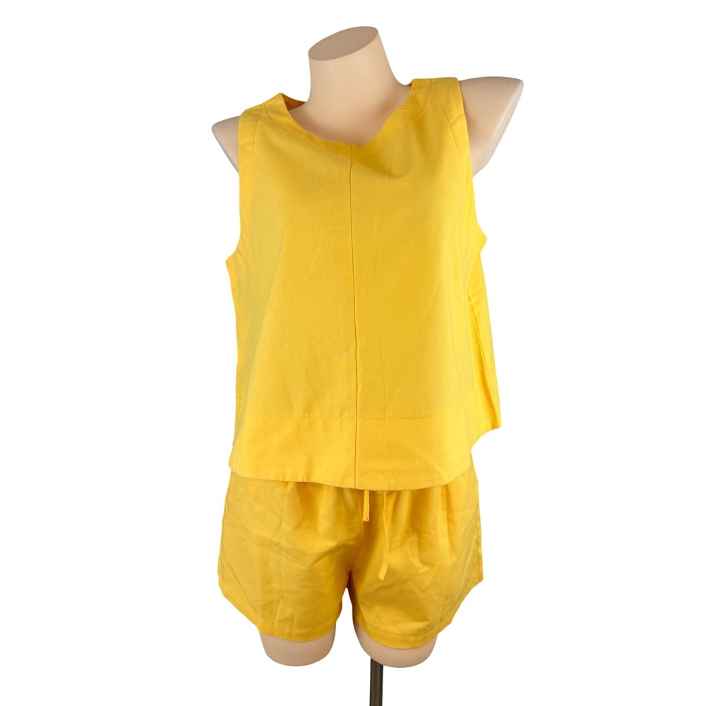 Yellow Coastal Linen Cotton Blend Sleeveless Top and Shorts Set Size M